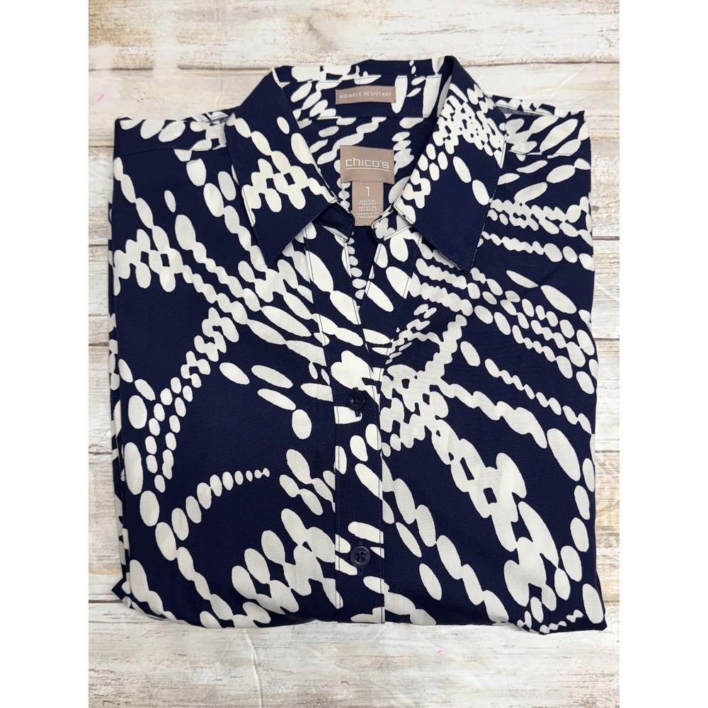 Chicos Navy Blue White Print Wrinkle Resistant Cotton Shirt Size 1(U.S 8) EUC